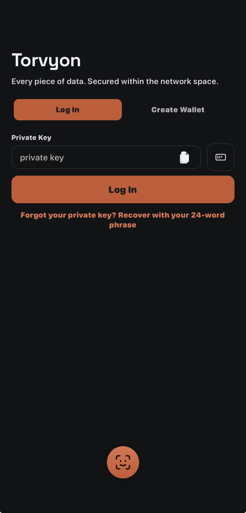 Torvyon Wallet desktop app login screen