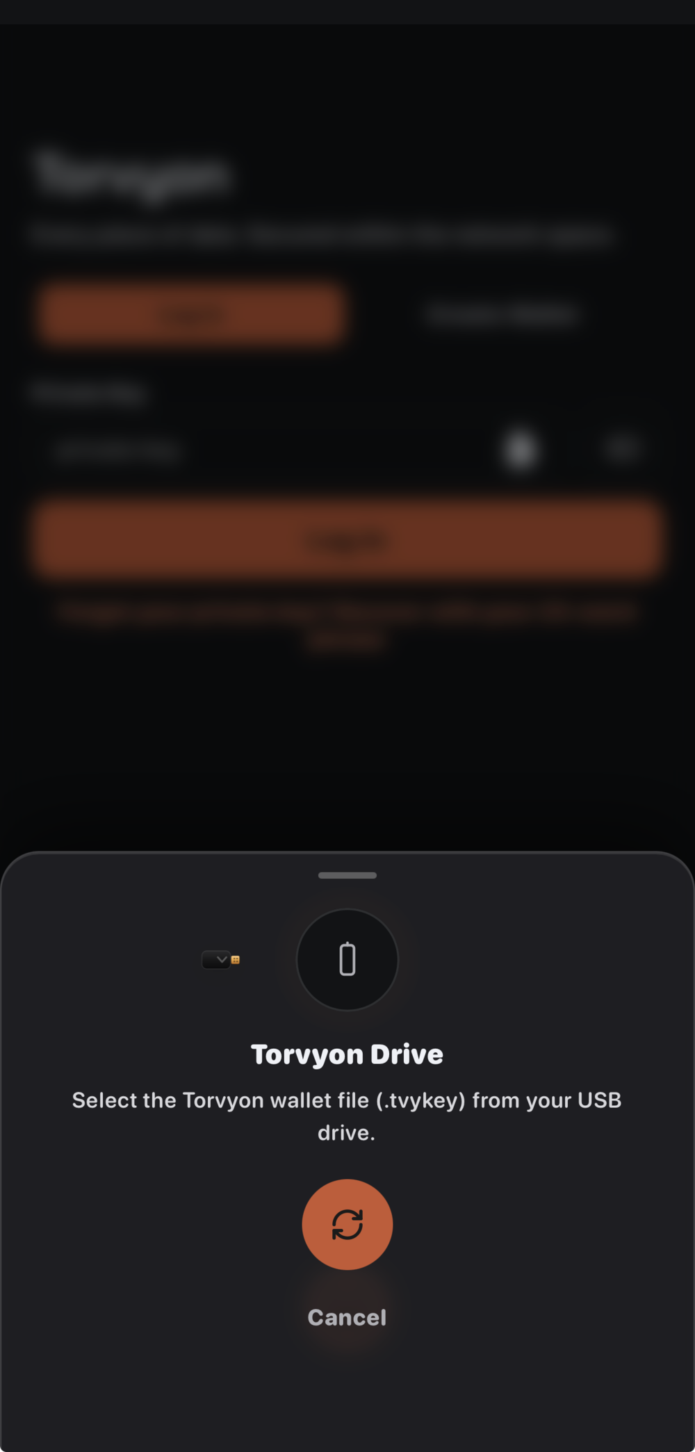 Torvyon Drive picker for selecting a .tvykey cold-wallet file
